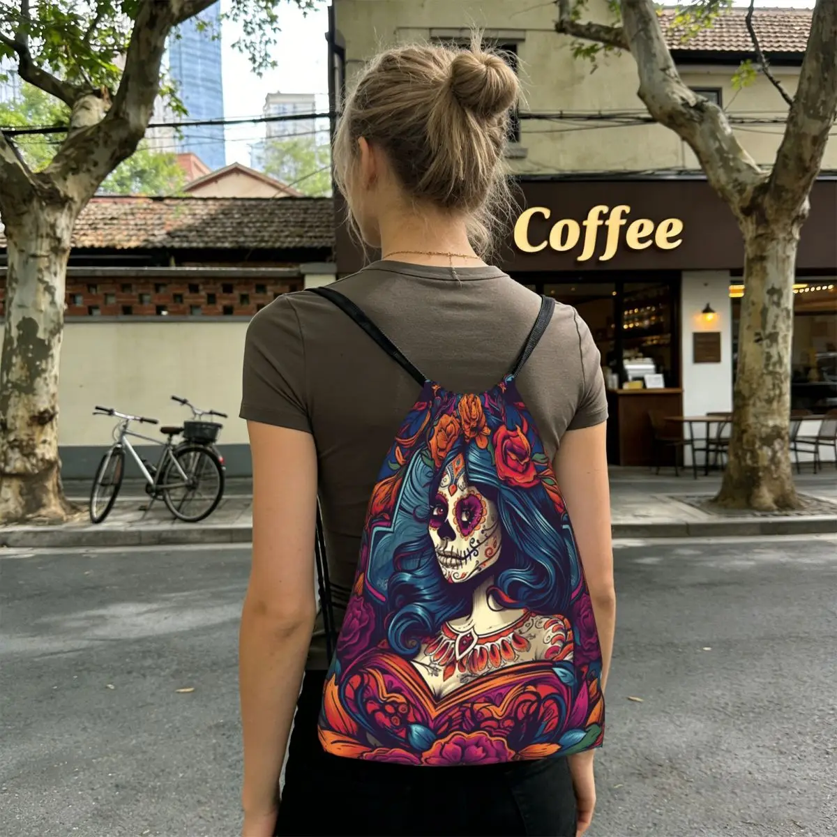 Mexican Catrina Girl Day Of The Dead Sugar Skull Backpacks Casual Drawstring Bundle Pocket Sports Bag BookBags for Travel School