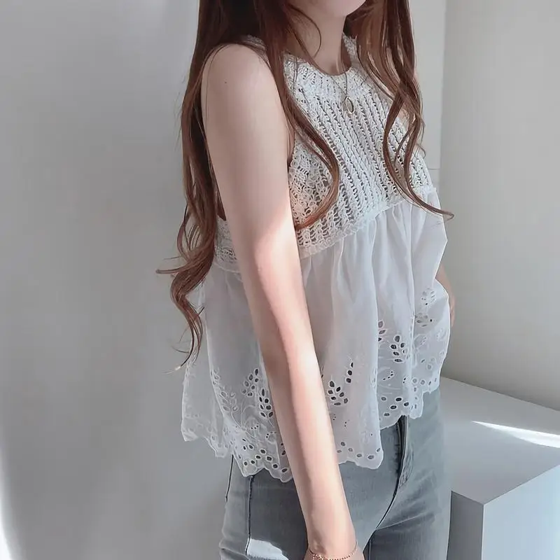 Camisole Women Hollow Out Solid Lovely Vintage Holiday Camis Tops Lady Graceful Temperament All-match Simple Korean Style Trendy