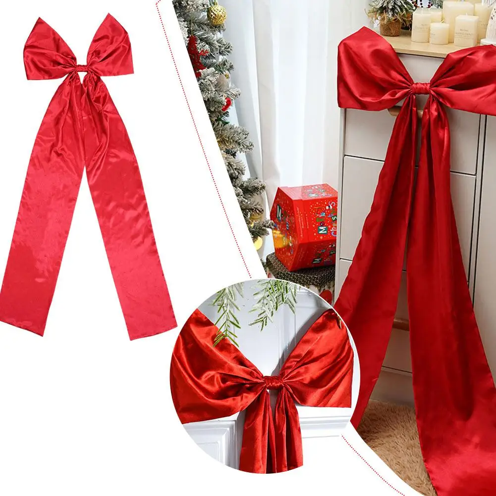 Arco de adorno de árbol de Navidad de gran tamaño, lazo largo de 16x57 pulgadas, 1 Uds., decoraciones para fiesta, serpentinas de satén festivas, rojo con vacaciones F1W2