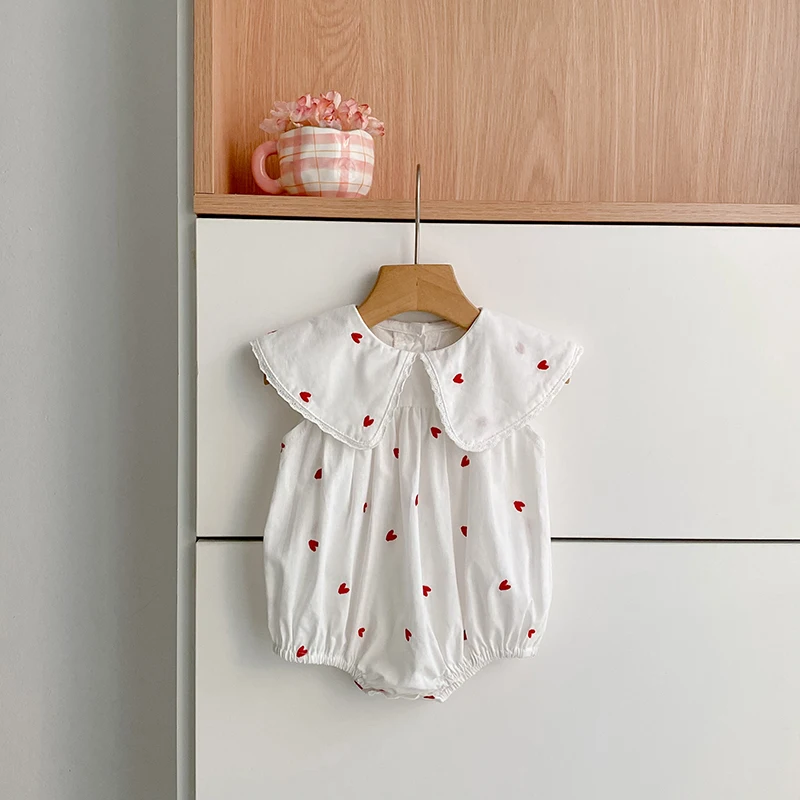 2026 New Summer Newborn Baby Girl Jumpsuit 0-24M Baby Girl Clothing Sleeveless Cotton Heart Print Princess White Rompers