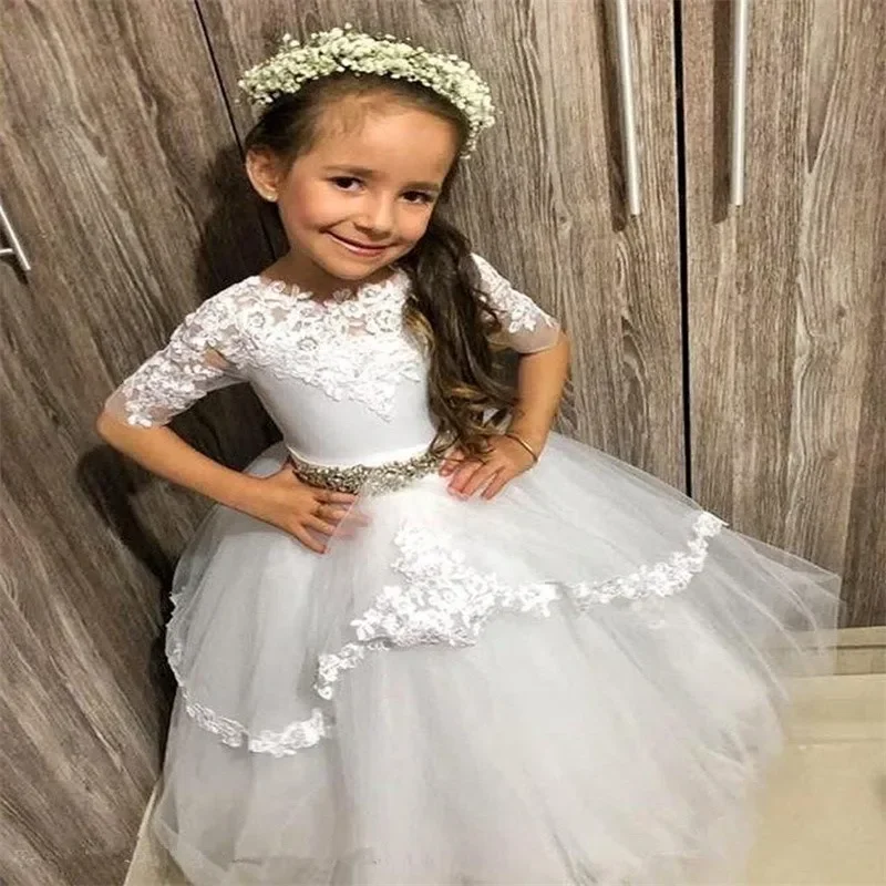 

White Flower Girls Dresses Half Sleeve for Lovely Kids Wedding Beaded Waistband Little Princess First Communion Birthday Baptism