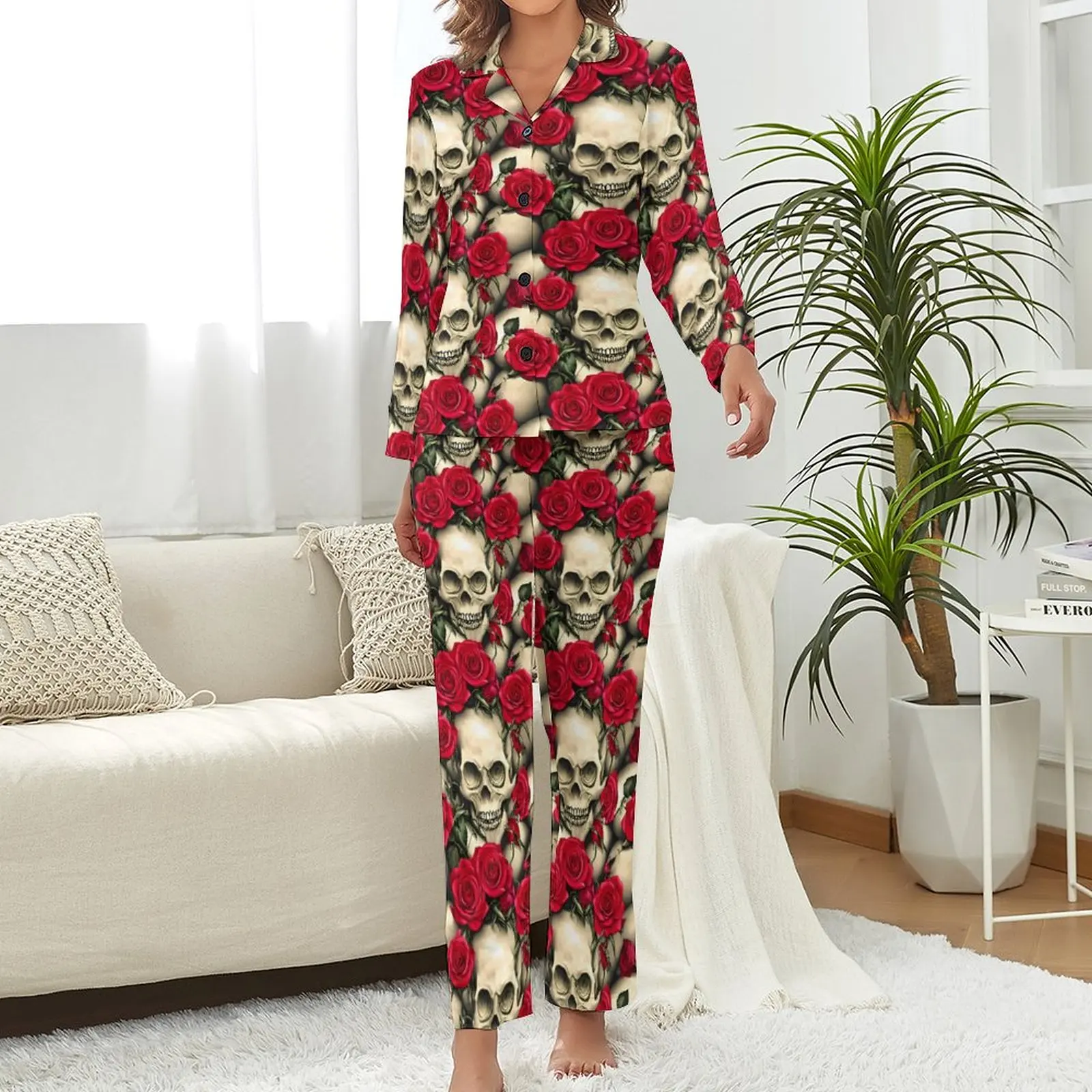 Gothic Skulls Pajamas Spring 2 Pieces Red Roses Print Soft Pajamas Set Lady Long Sleeves V Neck Home Graphic Home Suit