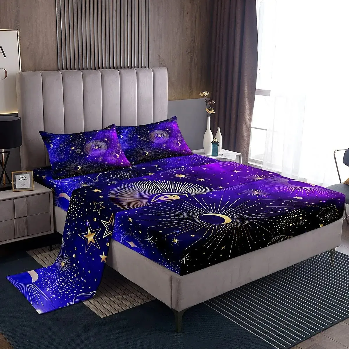 

Комплект простыней Outer Space Twin Size Galaxy Moon Stars Planet Beddrom Decor Sheet Set для детей, мальчиков и девочек, комплект постельного белья из 4 предметов, фиолетовый