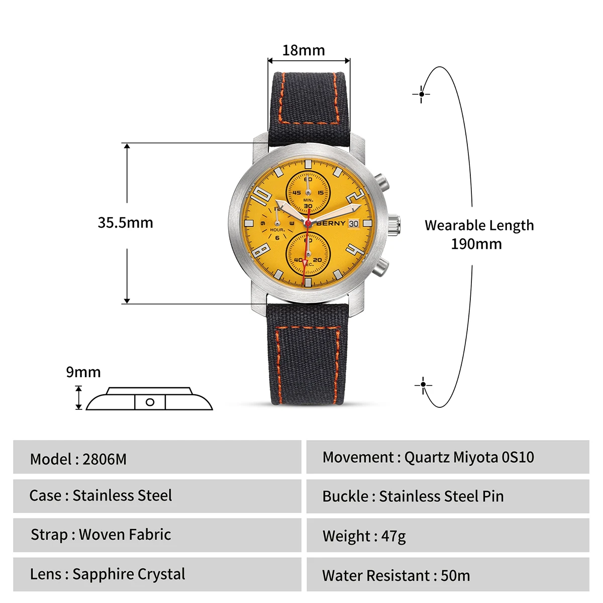 BERNY Chronograph-Uhren für Herren, grün leuchtendes kleines Zifferblatt, multifunktional, leichte Herrenuhr, Saphirglas, 5ATM wasserdicht – Detail 2