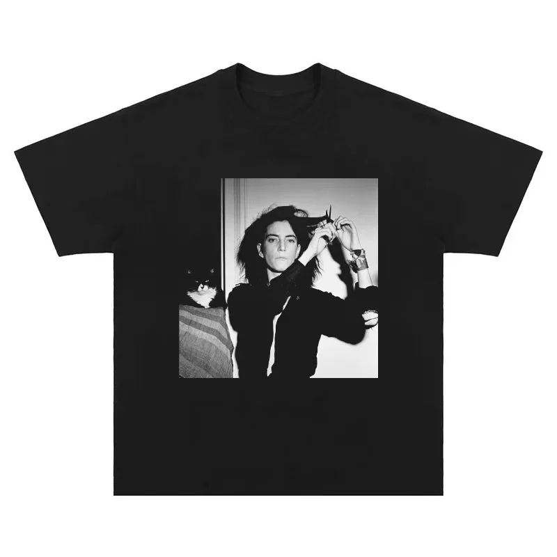 

Patti Smith rock poet American vintage cotton loose round neck long short sleeved t-shirt men's and women's matching outfits