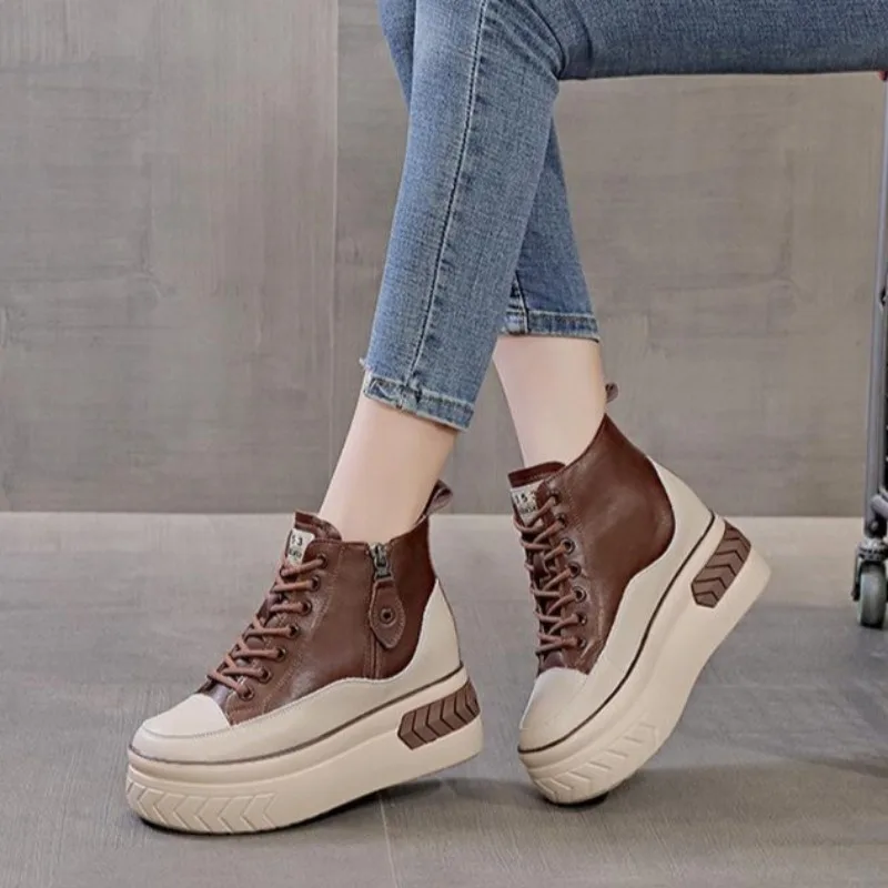 Zapatos informales de otoño para mujer, zapatos versátiles con aumento de 8cm, zapatos de plataforma, botas con cremallera lateral a la moda, zapatos de cuero PU de marca