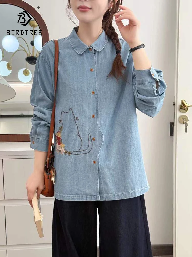 

New 2025 Autumn Long Sleeve Denim Shirt, Women Turn-down Collar Embroidery, Mori Girl French Age Reduction Loose Blouse T5O678CC