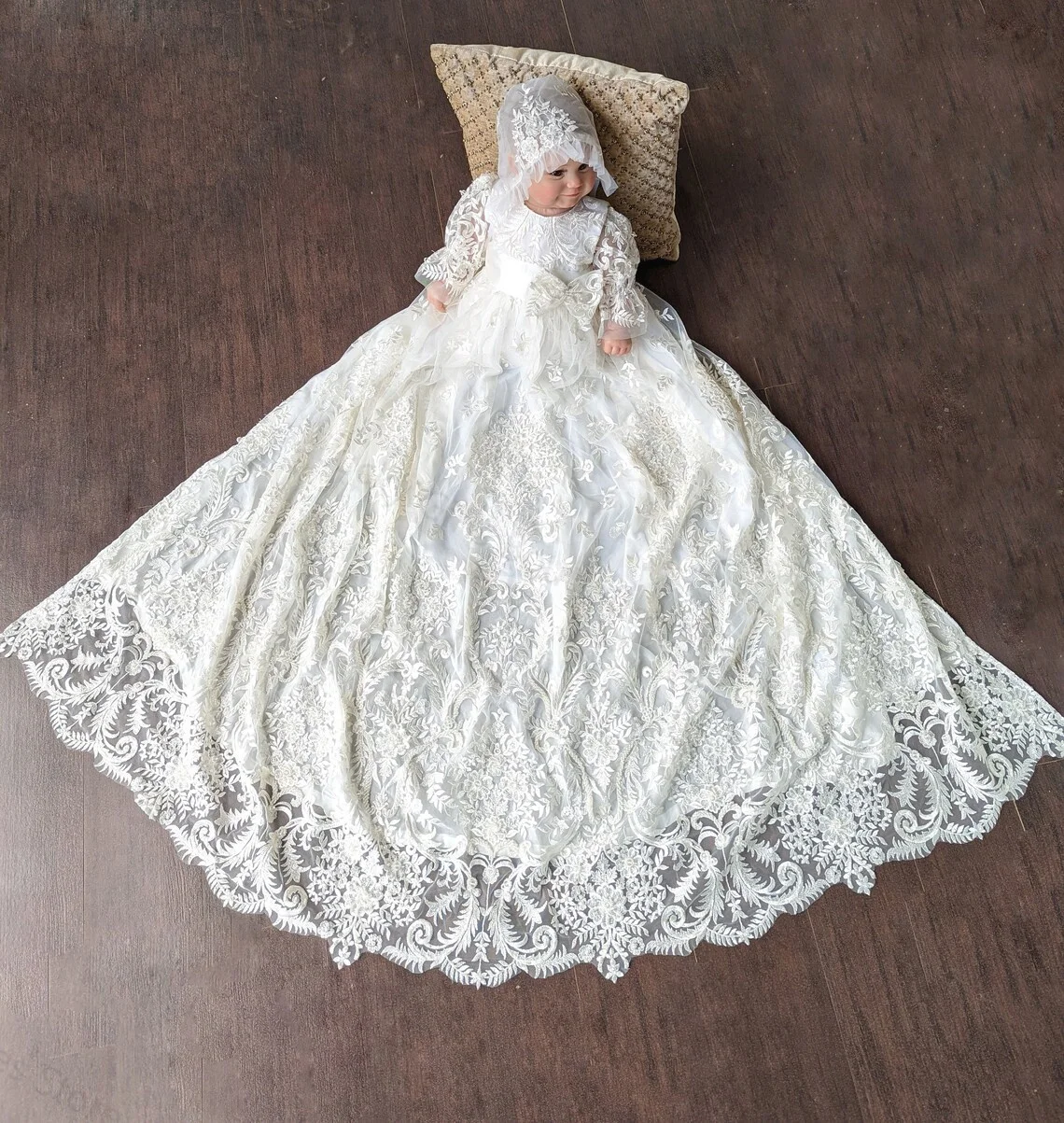 Robe trapèze en dentelle vintage pour bébé fille, tenue de baptême, longueur au sol, pour premier anniversaire et première communion