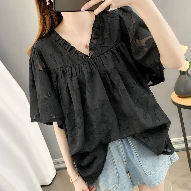 Fashion V-Neck Ruffles Spliced Blouse Women\'s Clothing Loose Casual Folds Summer All-match Solid Color Chic Jacquard Weave Shirt