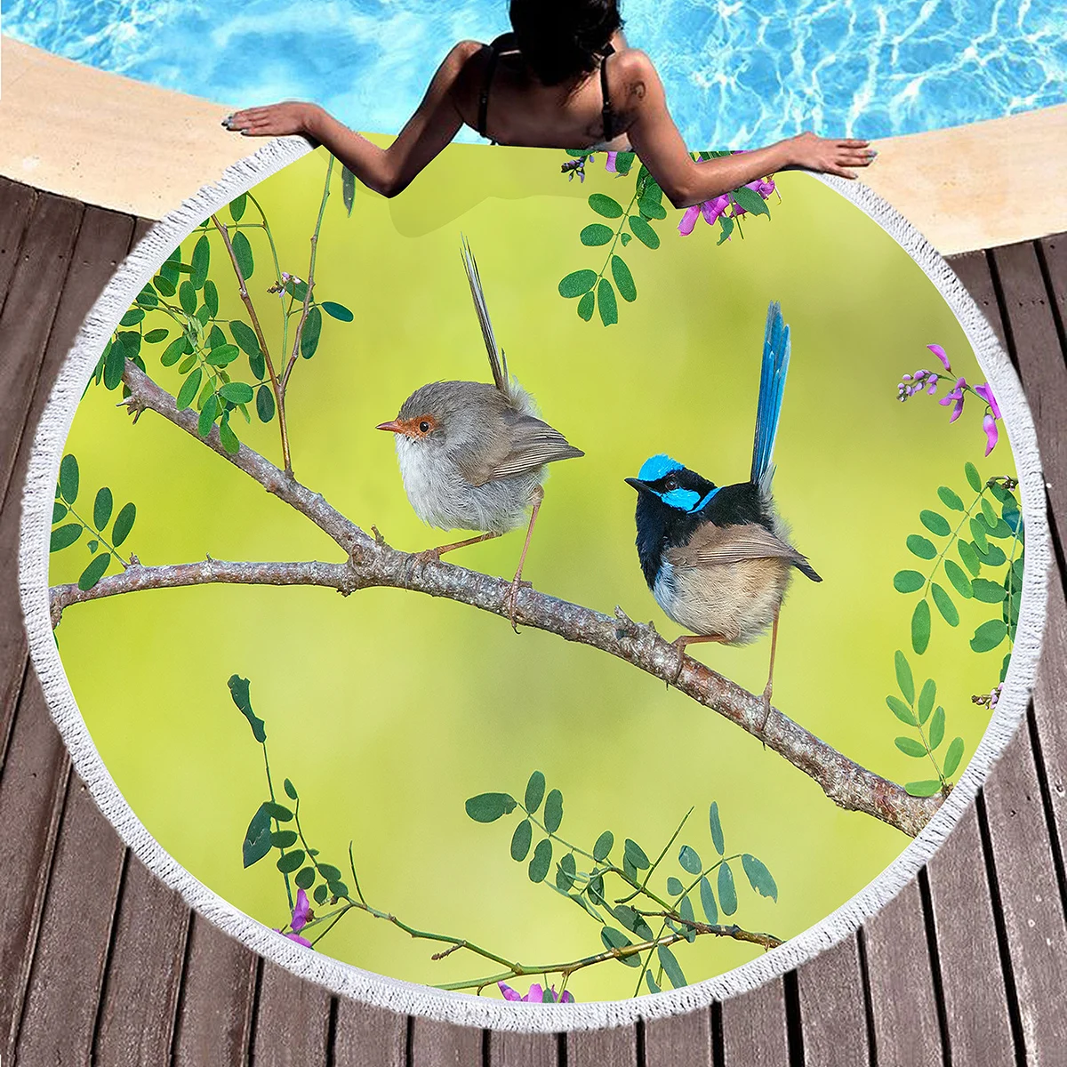 الطيور زهرة طباعة منشفة الشاطئ المستديرة ستوكات دائرة فوط استحمام سريعة الجافة ماصة مناشف حمام السباحة الرمال الحرة شال بطانية شاطئ #6