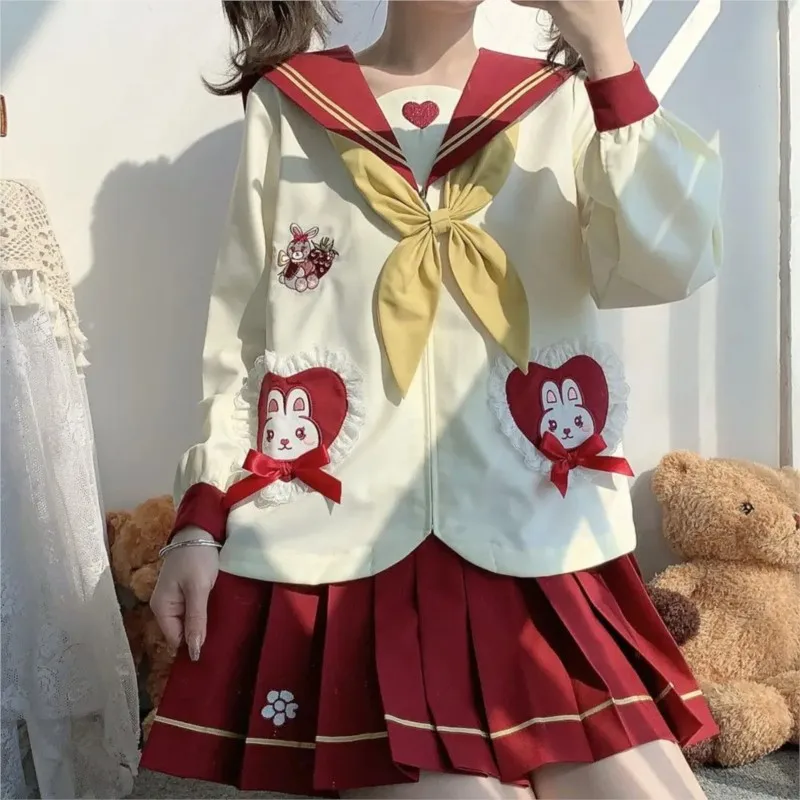 Japonês e Coreano Coelho Bonito Vermelho Branco Uniforme Patchwork para Mulheres, Uniforme JK, Terno Novo Marinheiro, Roupas Escolares, Fantasias Cosplay