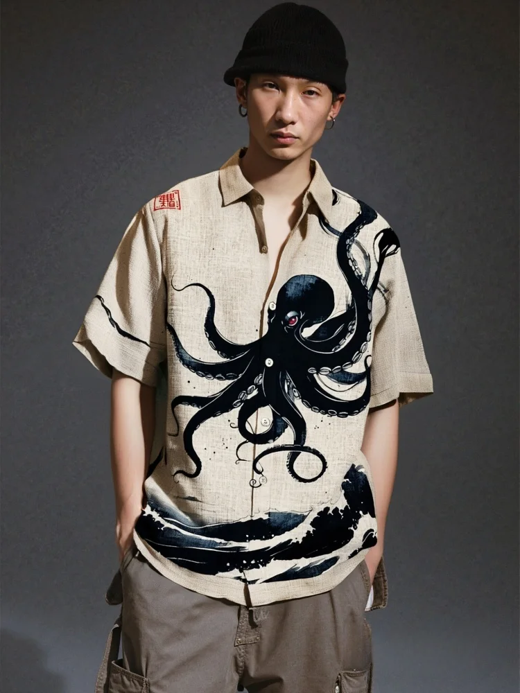 Men's Shirts Vintage Retro Black Octopus Waves Japanese Art Print Casual Shirt Holiday Lapel Collar Short Sleeve Beach Chic Tops