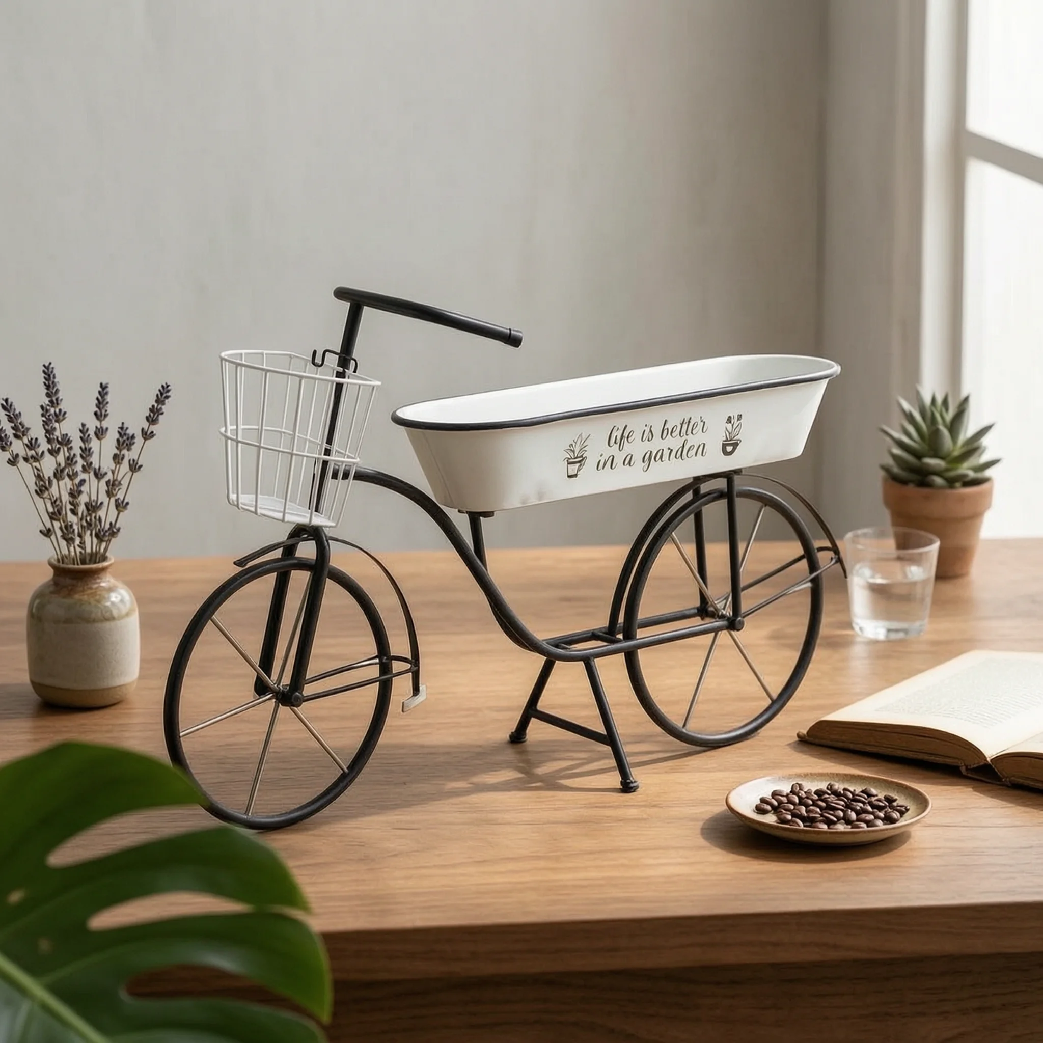 Two-Wheeler Plant Stand Black Coated Two-Wheeler Planter Planter with Basket Whimsical Plant Stand with Baskets Playful