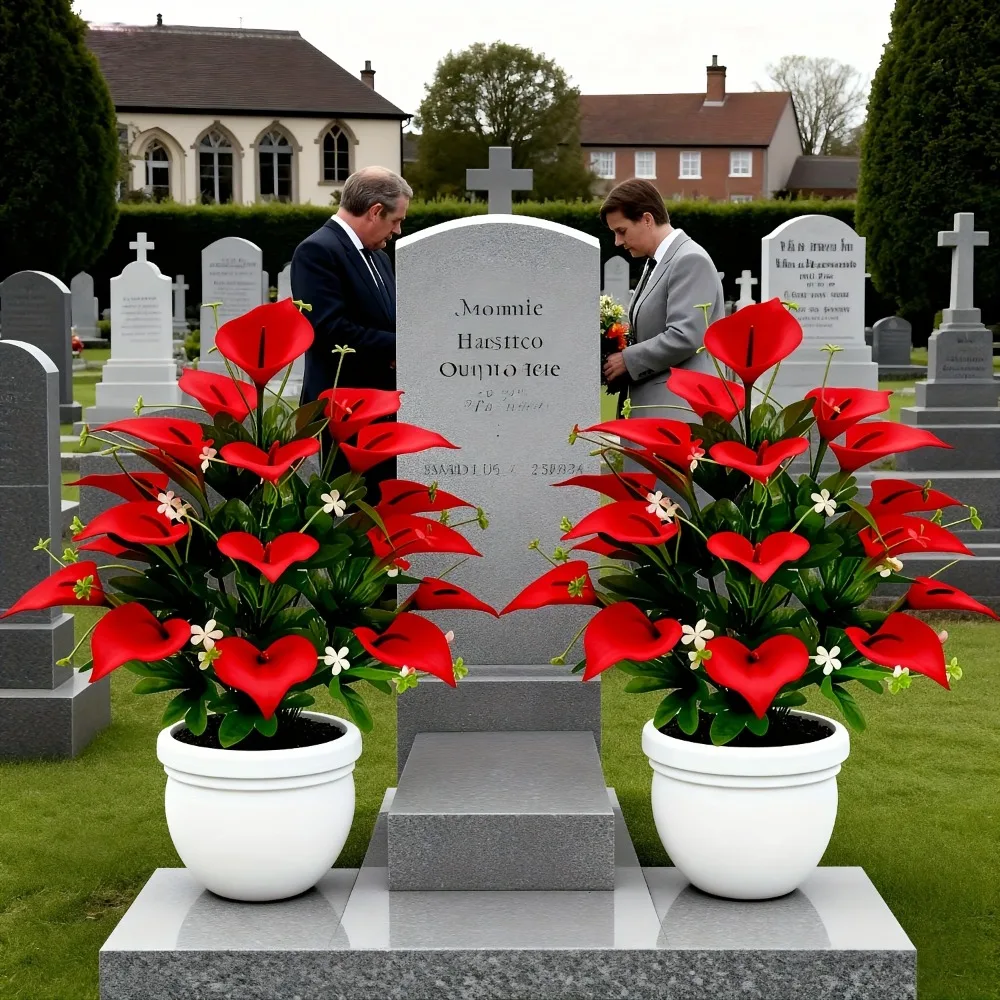 2 Stück künstliche Gladiolen, realistische künstliche Blumen für den Außenbereich mit roten Blütenblättern und grünen Blättern für die Dekoration von Zuhause, Friedhöfen und Hotels – Detail 2