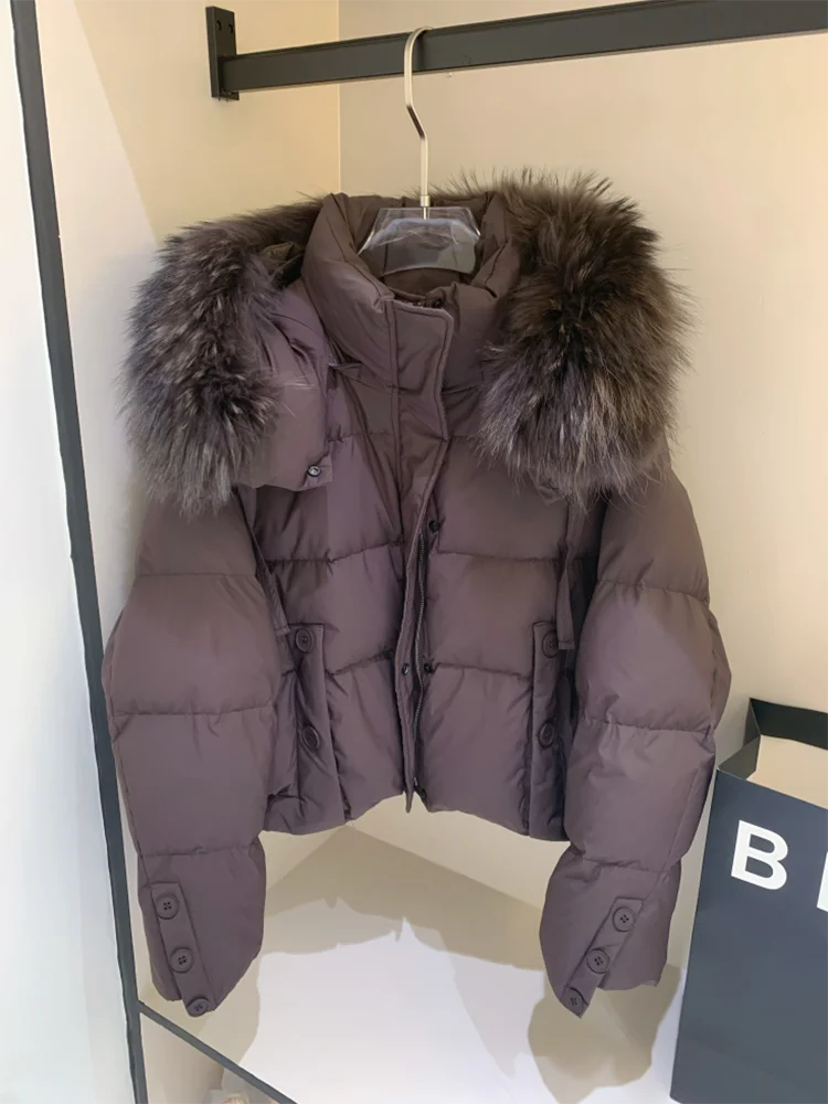 Winter warmer Mantel Fuchs Pelz kragen Daunen jacke für Frauen Kapuze Loose Fit 2024 neue weiße Enten Daunen mäntel abrigo mujer
