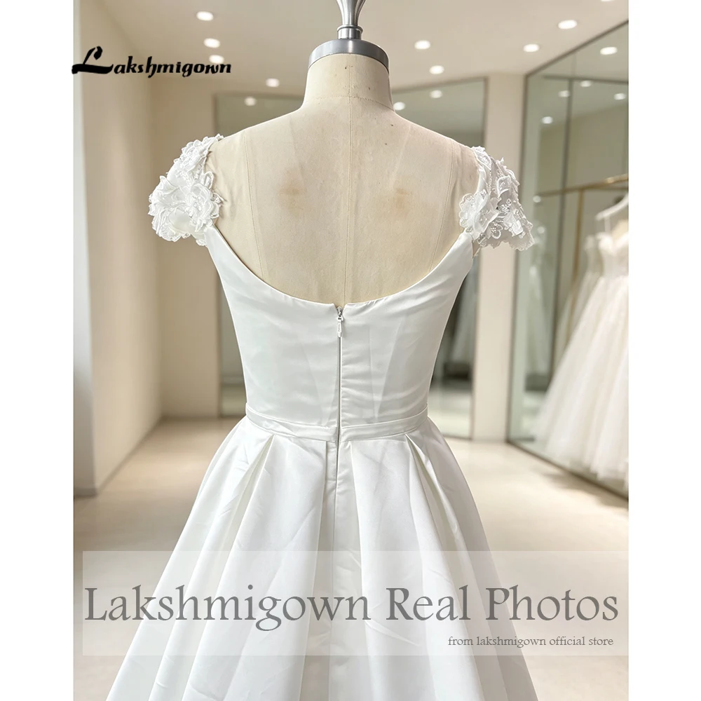 Lakshmigown Hochzeitskleid mit quadratischem Ausschnitt aus Satin, A-Linie, Spitzenärmeln, Hofschleppe, Brautkleid, Vestidos de Nova, maßgeschneidert. – Detail 9