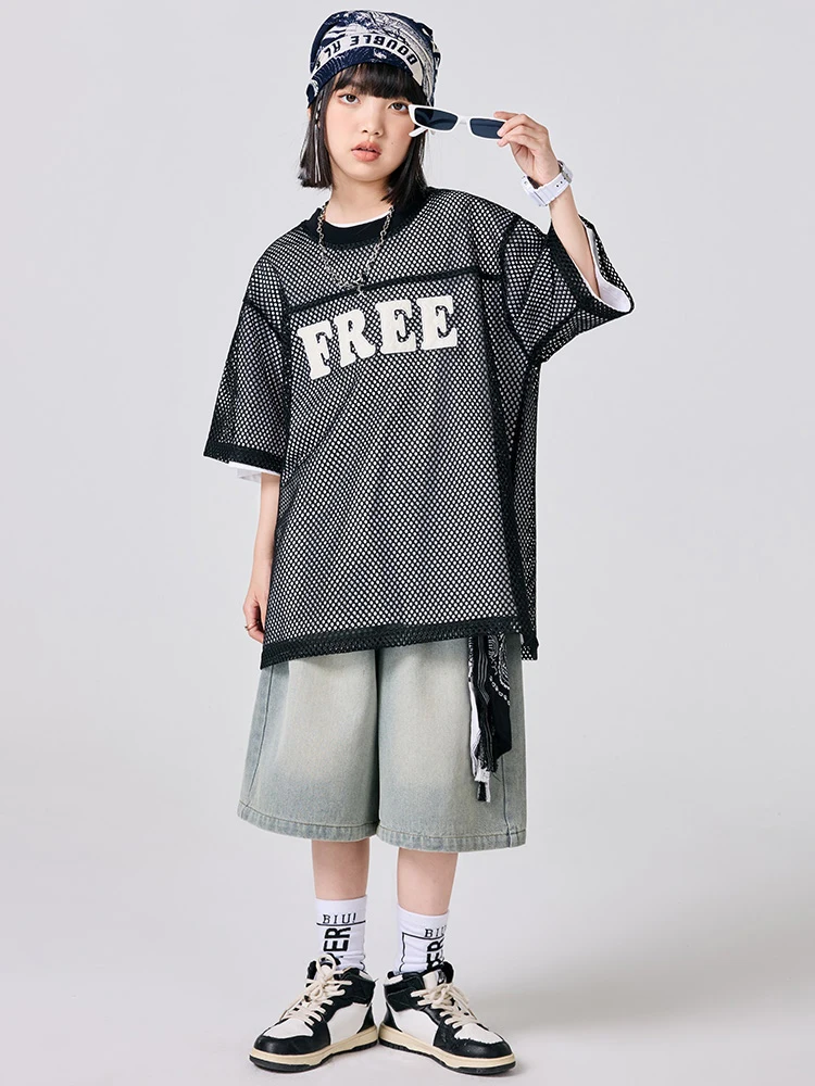 Crianças jazz dança terno solto hip hop dança streetwear manga curta dobrar através topos jeans dança de rua desempenho wear dn20353