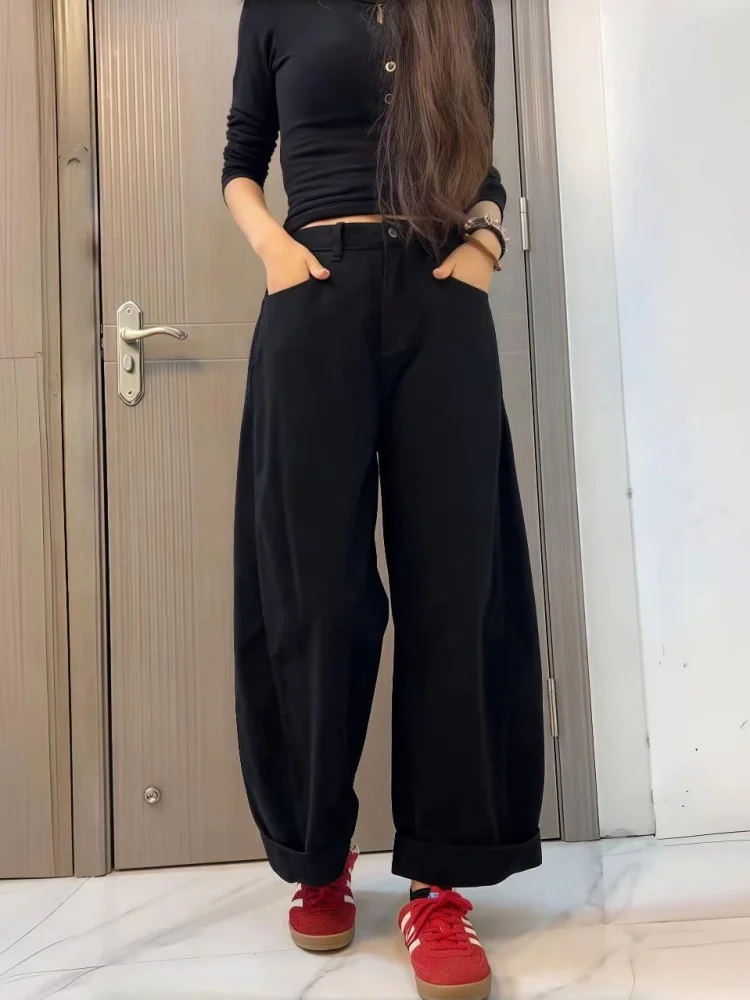 

Джинсы женские с высокой талией, прямые, из черного денима, осенние, больших размеров, в стиле ретро, утягивающие, широкие брюки для фигуры типа «груша»