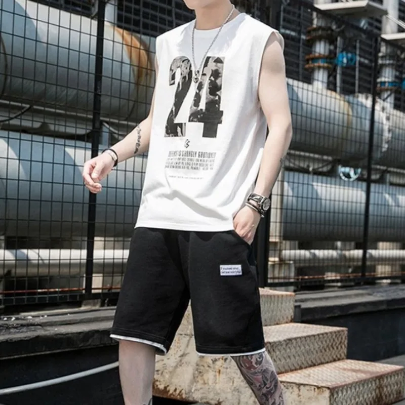 

Summer Cool Men's Sleeveless Vest Five Inch Shorts Loose Casual Big Size Student Two Piece Set