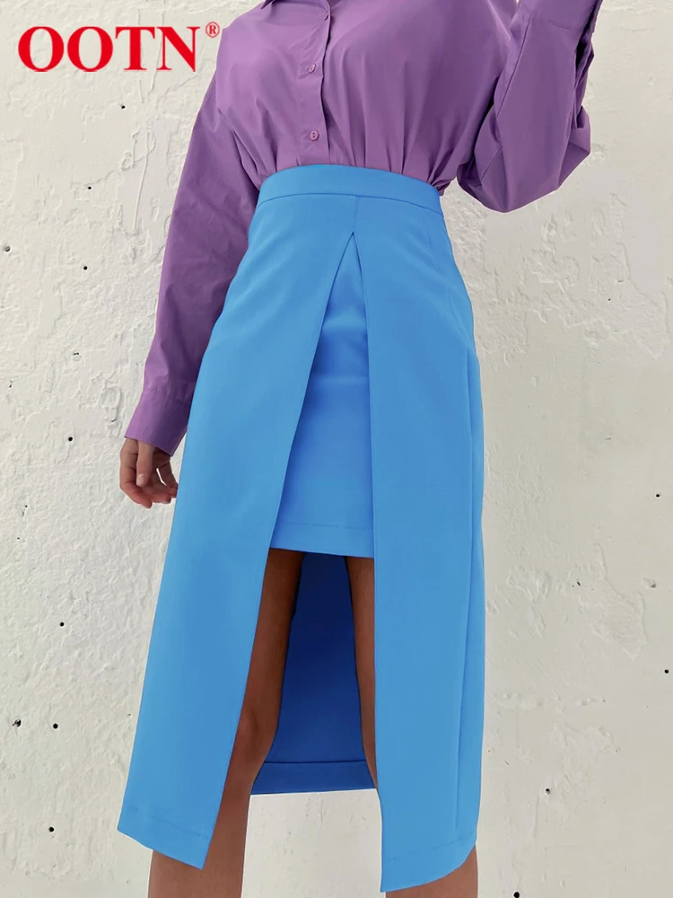 OOTN Street Irregular High Waist A-Line Skirts Office Split All-Match Skirt Women Spring Elegant Blue Mid-Calf Skirts Lady 2024