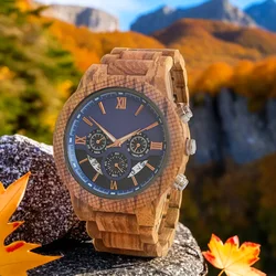 Reloj analógico de madera para hombre, accesorio de pulsera de cuarzo resistente al agua con cronógrafo, complemento Masculino de marca de lujo con diseño militar