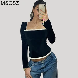 MSCSZ Vintage Black Velvet Blouse Woman Square Neck Puff Sleeve Elegant Blouses For Women 2024 Autumn Long Sleeve Crop Blouse