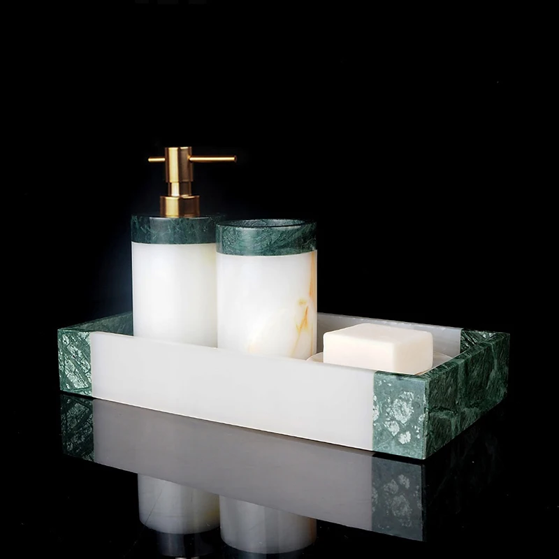 Indian Green and White Onyx Natural Marble Set of Bathroom Luxury Soap Dispenser Soap Dish Tissue Box Bathroom Accessories