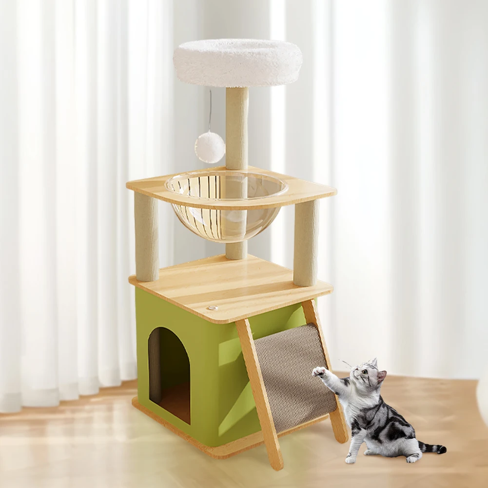 

Когтеточка-лазалка для кошек с плюшевой платформой, подвесным мячом, многоуровневая, для заточки когтей
