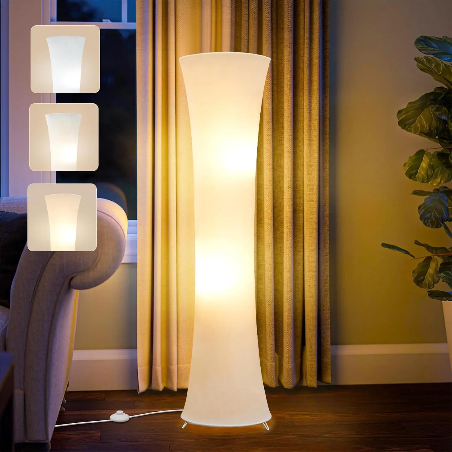 

46' LED Floor Lamp, 3-Tone Living Room & Bedroom Standing Lamp, White Fabric Shade, Bulbs Included