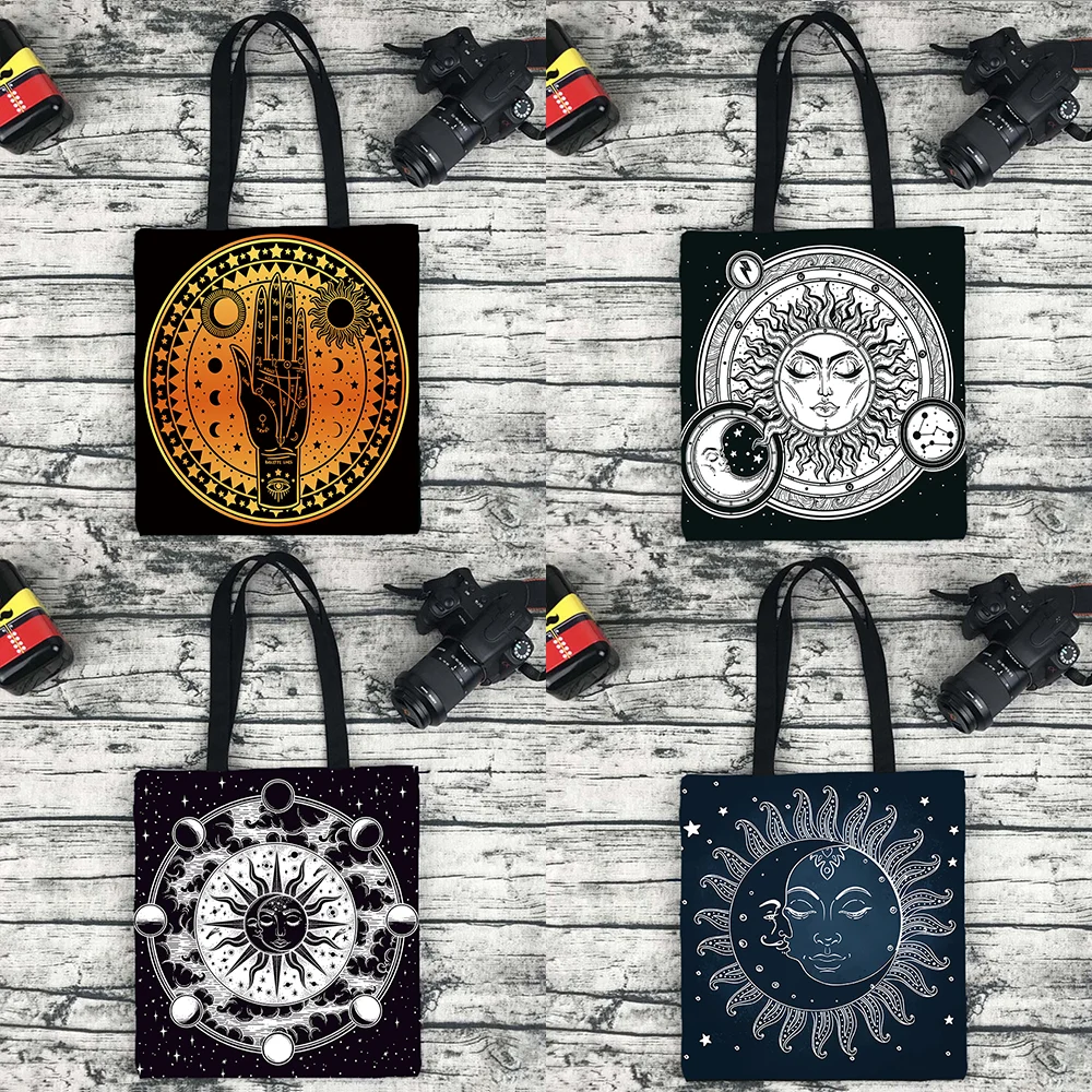 White Black Sun Moon Mandala Starry Sky Print Eco Tote Bohemian Shopper Gypsy Psychedelic Witchcraft Astrology Handbags Purses