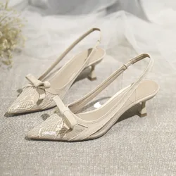 Sandals Elastic Band Shoes Closed Toe Lace Denim Women's 2025 Summer Med High Heels Suit Female Beige Slip-on Low Bow Laces Vel