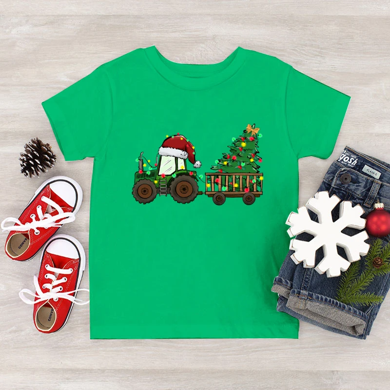 Tractor Farm Christmas Tree Print Boys Girls T-Shirt Funny White Black Red Xmas Gifts Tees Merry Christmas Cartoon Kids Tshirt