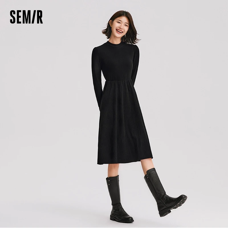 Semir Dress Women Mid-Length Slim Fit Shoulder-Fitting Inner Wear Elegant 2024 New Winter Patchwork Corduroy Little Black Dress