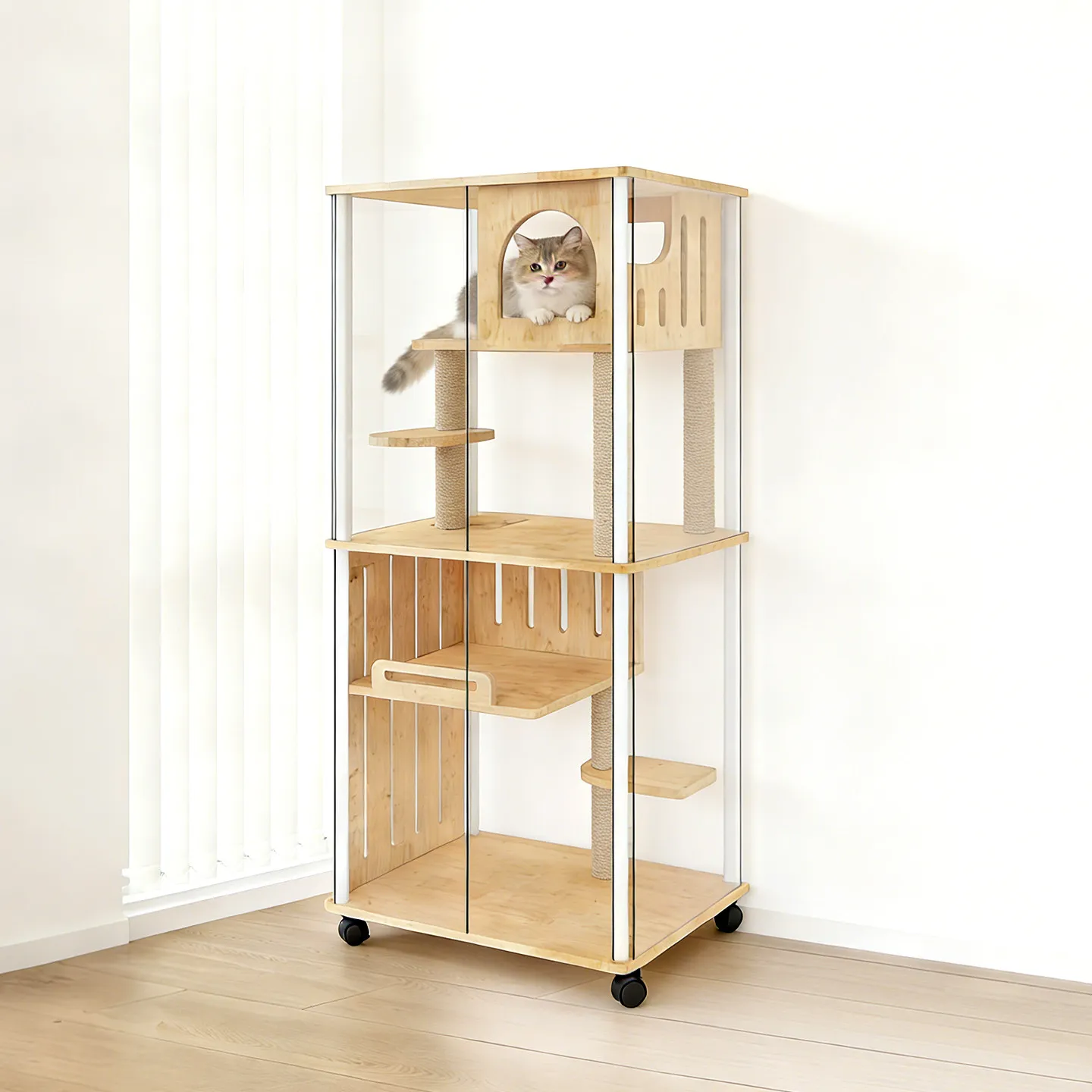 Solid wood panoramic cat villa can put automatic cat litter box
