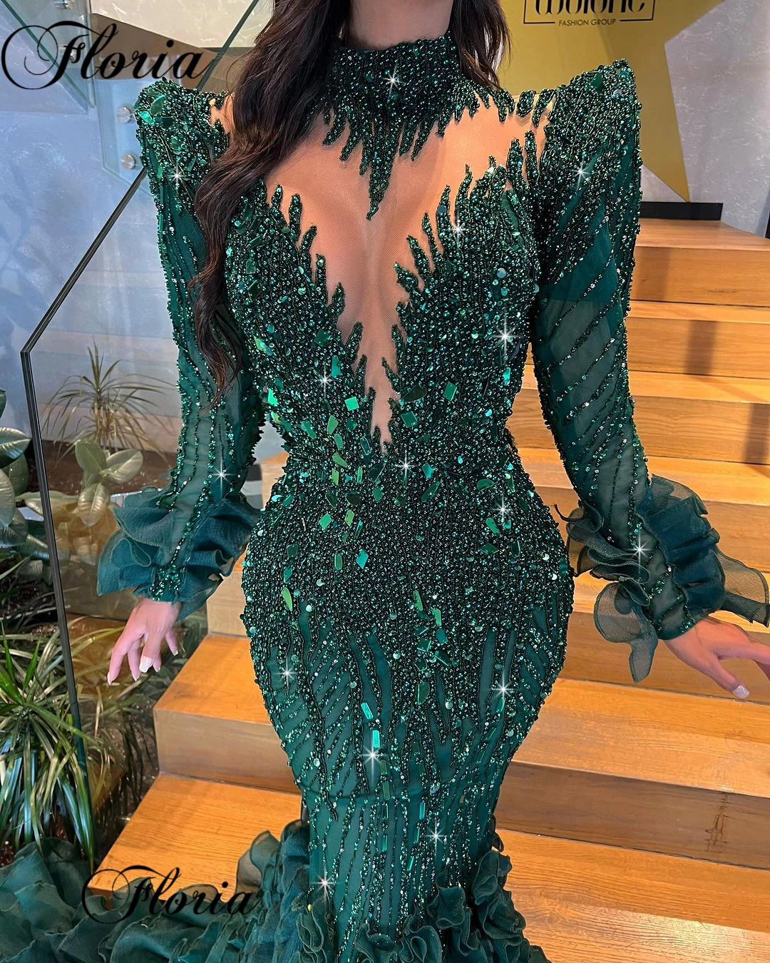 2023 Newest Green Beaded Evening Dresses Mermaid Long Sleeves Formal Occasion Dresses Luxury Robes De Soirée Backless Party Gown