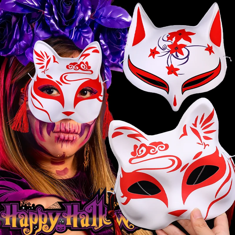 

Japanese Fox Half Face Mask Anime Hand-Painted Cat Fox Masques Halloween Makeup Dance Party Costumes Cosplay Props Accessories