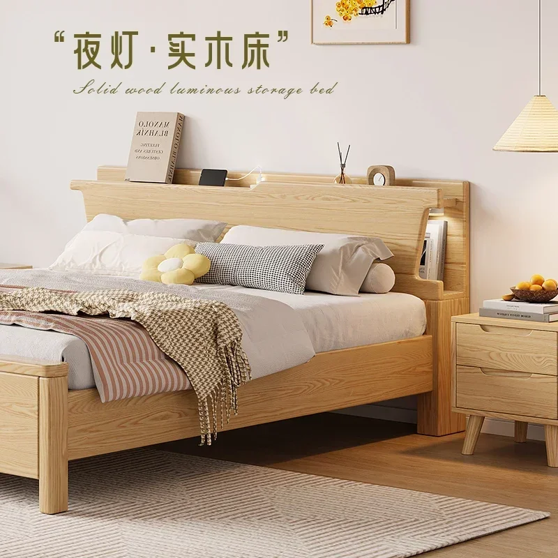 White wax wood full solid wood bed, simple and modern Nordic double master bed, large bed storage, Japanese style, image 3