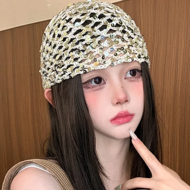 Women Sequined Crochet Hat New Summer Bohemian Style Hollow Knitted Skull Cap Fashion Vacation Y2K Pullover Mesh Hat Beanie Gift