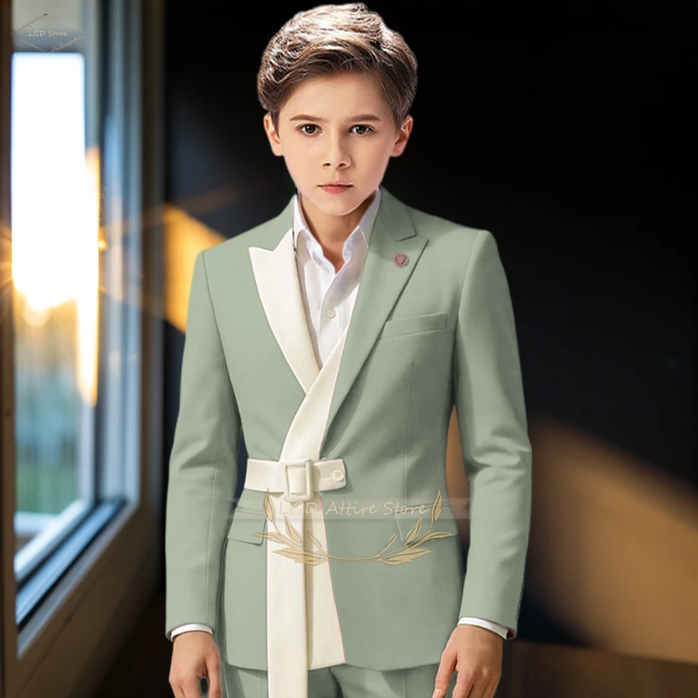 Boys' Custom 2-Piece Suit – Wrap Front Belted Blazer with Contrast Lapel & Matching Trousers for Weddings & Celebrations