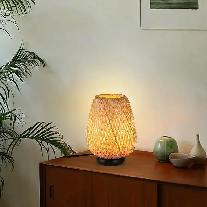 ALPINALUZ Wicker bamboo table lamp: Living room contemporary ambient light, Cable switch plug-in for bedroom and living room