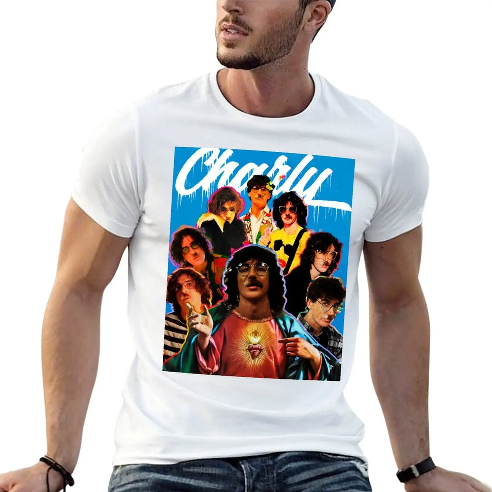 Camiseta azul Charly Garcia Collage, camisetas divertidas para hombre, camiseta de diseñador para hombre, camiseta de lujo