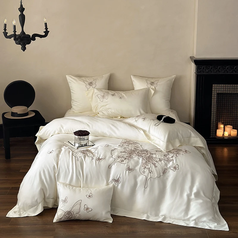Bedding Set 800TC Lyocell Eucalyptus Fiber Soft Silky Breathable Butterfly Flowers Embroidery Duvet Cover Bed Sheet Pillowcases