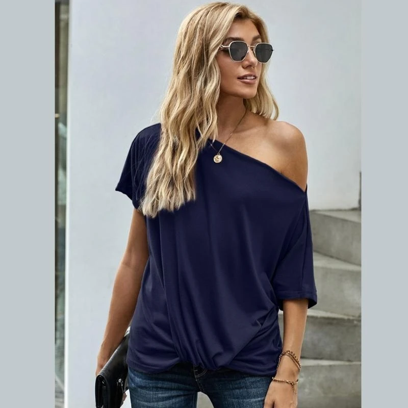 Y5GC Women Elegant Irregular Shirts Cold Shoulder Top Short Sleeve Asymmetrical Blouse Front Twist Knot Loose Top