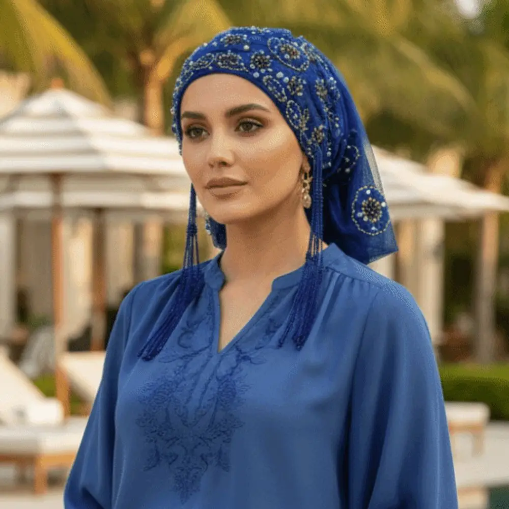 

Shiny Beads Turban Hat Long Tassel Sheer Mesh Indian Headscarf Elastic Band Pre-tied Beaded Bonnet Fashion Ladies