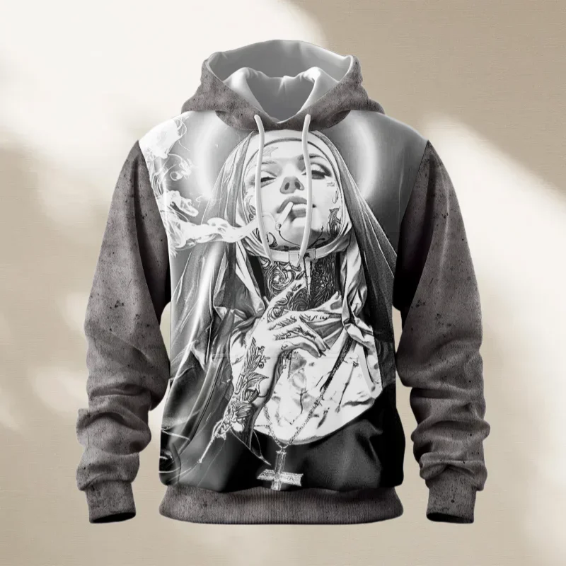 

The Smoking Nun America Street Style Vintage Retro Women Men Pullover Hoodie Soft Comfy Stylish Relaxed-Fit Moto Autumn Winter
