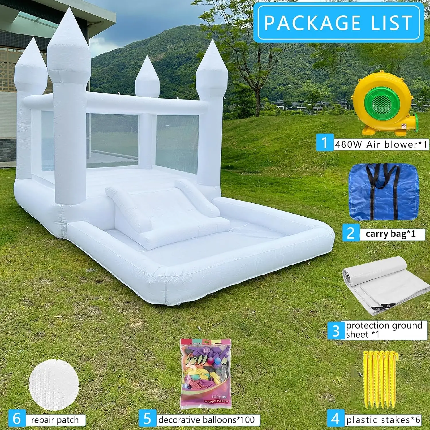 Casa de rebote blanca inflable, castillo inflable Oxford para saltar, bouncer para fiesta de boda con bolsa de transporte, kit de reparación para juguetes para niños