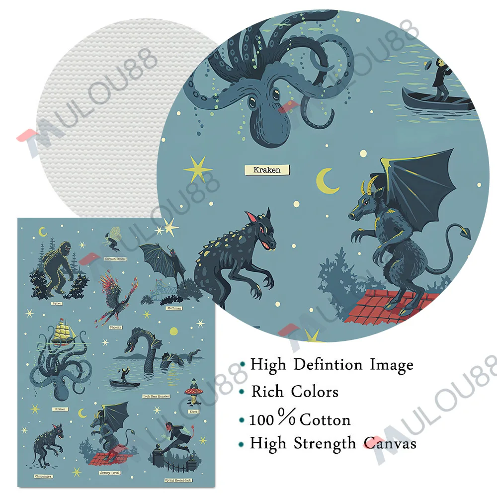 فيلم الوحش والمخلوقات الخارقة للطبيعة خمر الرسم على لوحات القماش الجدارية طباعة ، الغريبة ، UFO ، العثمان ، كراكن ملصق فني طباعة