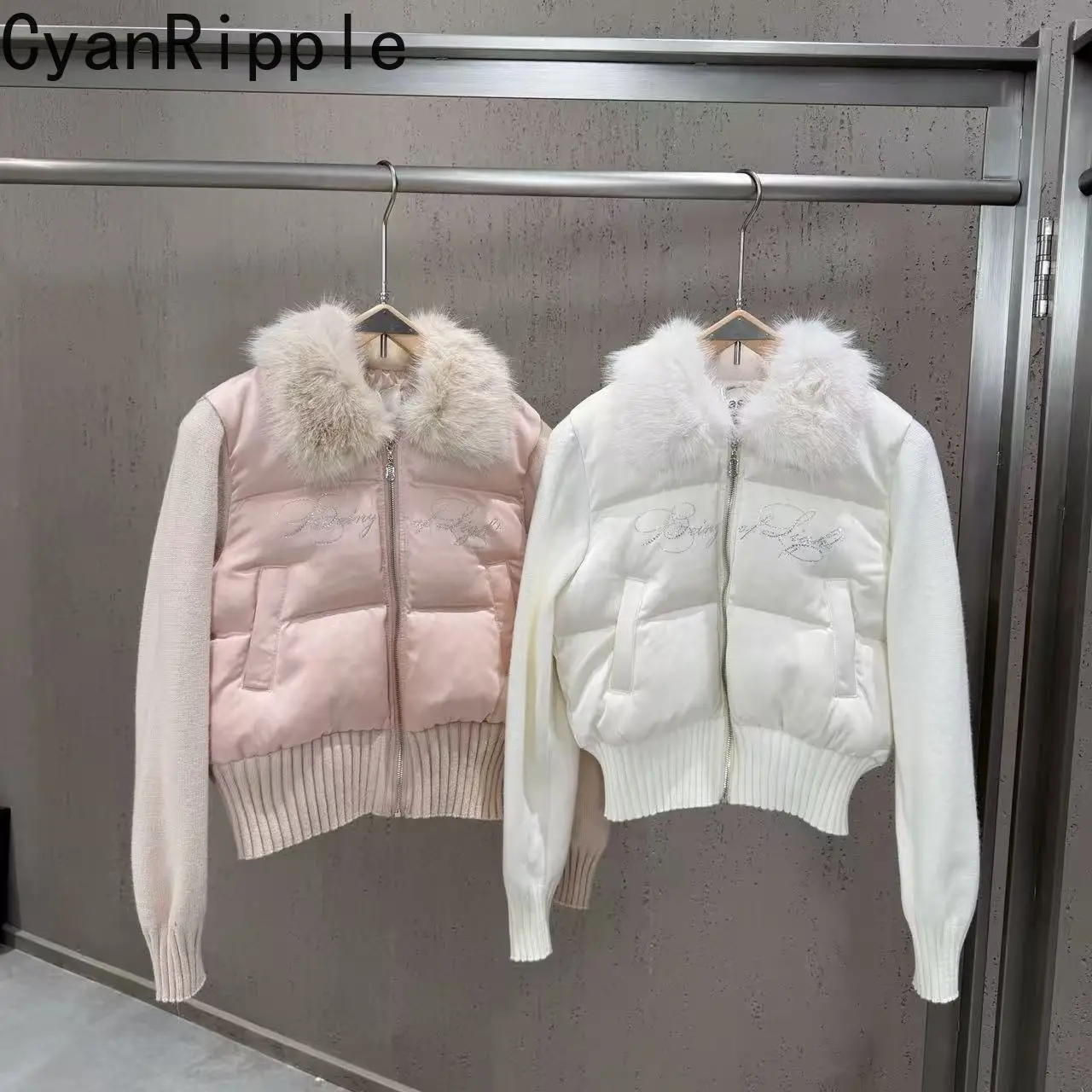 2026 New Autumn Winter Faux Fur Collar Patchwork Knitted Long Sleeve Down Jacket Thread Slim Hot Diamonds Grey Duck Down Coat