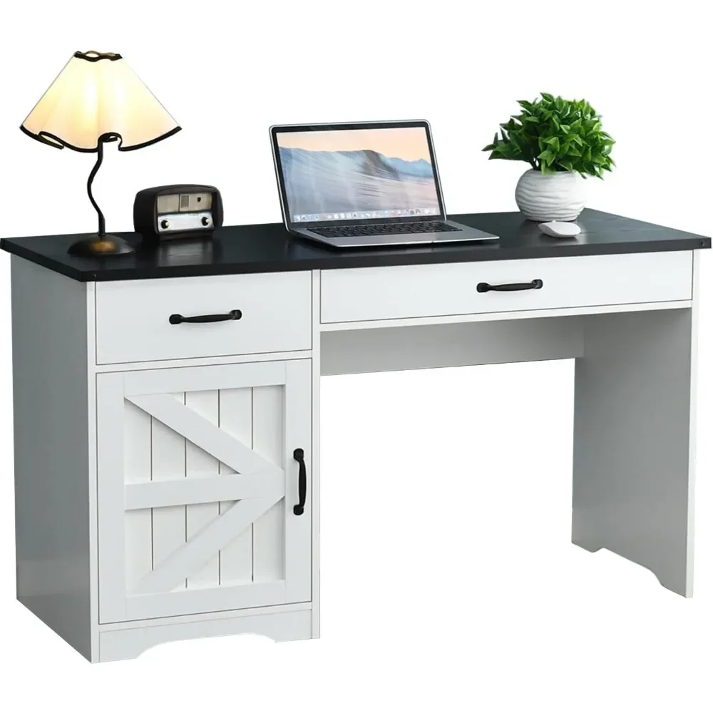 

White Computer Desk with Drawers, Farmhouse Desk with Storage,Computer Desk for Bedroom, Rustic Executive with Drawers