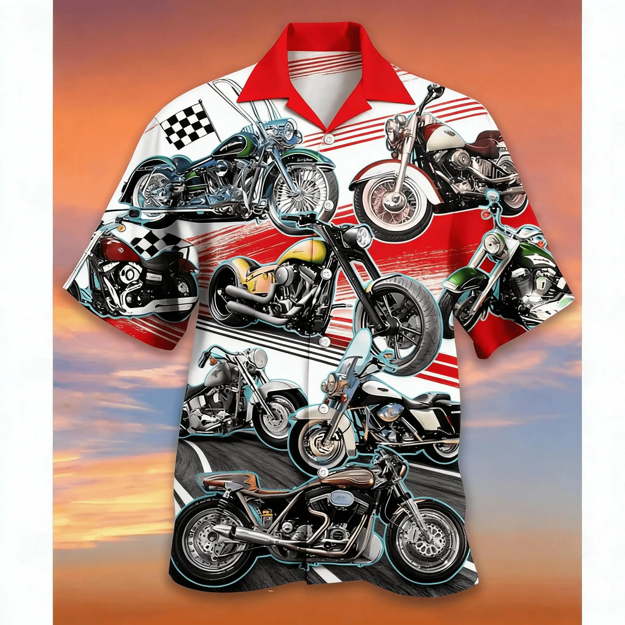 Men's Red Collar Moto Shirt, Retro Motorcycle with Speed Stripes, Stylish Short Sleeve Button Down for Spring Summer